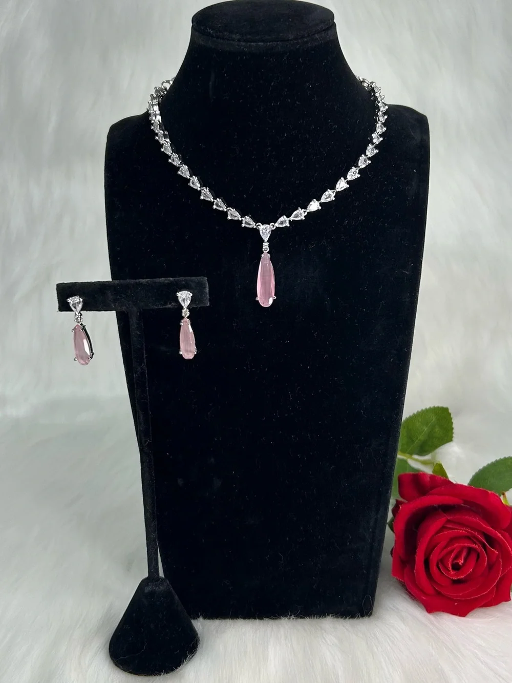 Pink Silver Ad Necklace and Earrings Set